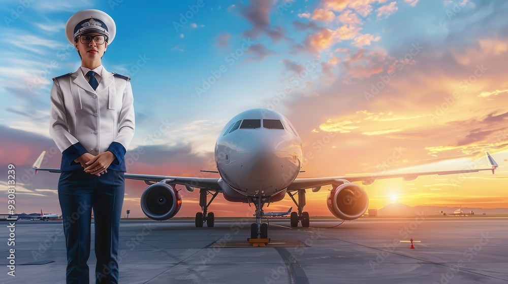 Poster a flight attendant in uniform poses confidently in front of an airplane during a stunning sunset at 