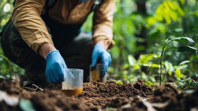 A professional environmental consultant analyzing soil samples in a natural setting with greenery in the background
