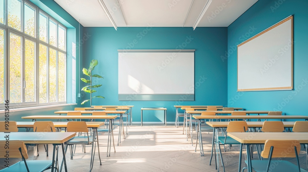 Poster modern empty classroom with blue walls projector screen and large window