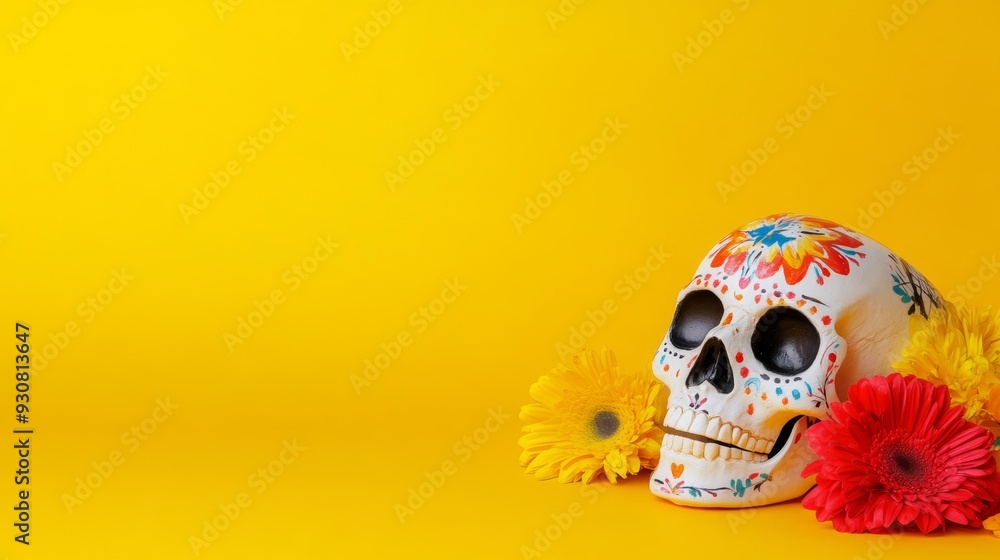 Wall mural a skull with flowers on it is on a yellow background