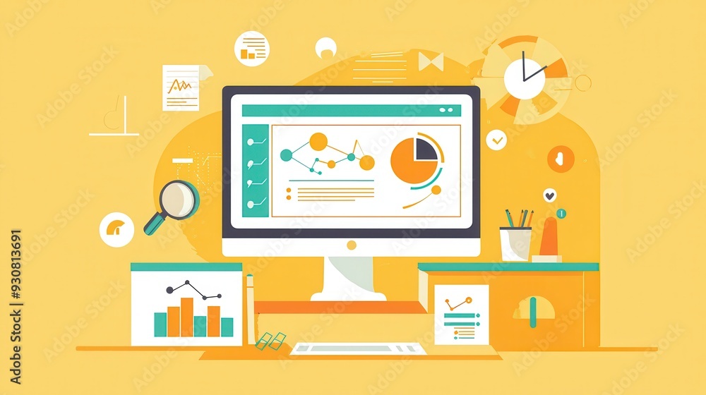 Poster business analysis on desktop with charts and graphs