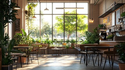 Fototapeta premium A cozy cafÃ© interior with natural light pouring through large windows, adorned with indoor plants and eco-friendly dÃ©cor