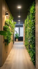 Fototapeta premium A serene office space with biophilic design elements, incorporating living walls and wooden textures for a calming atmosphere