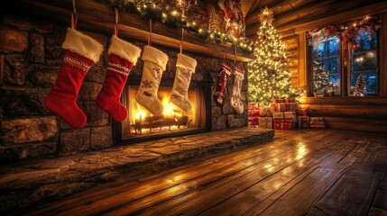 Obraz premium Christmas Eve in a Cozy Cabin with Stockings Hung by the Fireplace and a Glowing Tree
