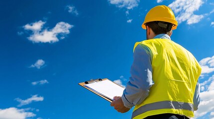 An environmental health officer conducting an outdoor inspection at a construction site, clipboard in hand, with a clear blue sky overhead