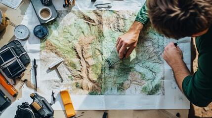 A focused environmental restoration planner examining a detailed map of a degraded area, with tools and notes spread out on a light solid color background