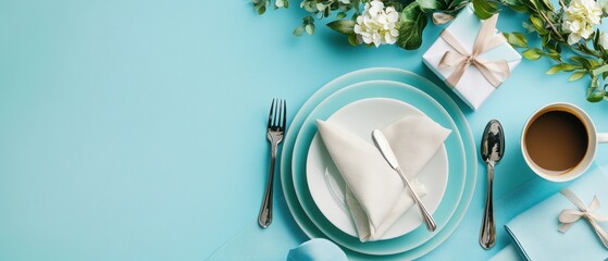 Elegant Table Setting with White Flowers, Gifts, and Coffee