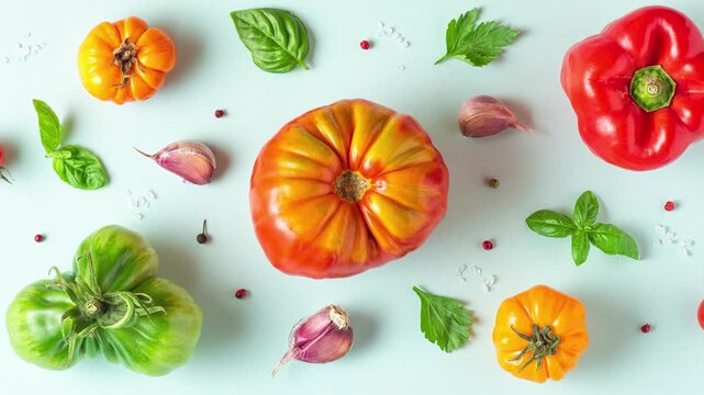 Food composition. Tomatoes, basil, garlic and pepper on pastel blue background. Flat lay. Top view. Vegetables pattern