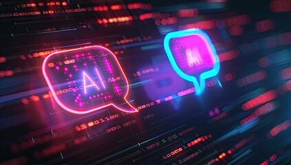 Obraz premium Innovative AI-Powered Communication Interface with Neon Digital Effects. High-Tech Design Featuring AI Speech Bubbles and Binary Code Background. Advanced AI Chatbot Technology for Modern Digital
