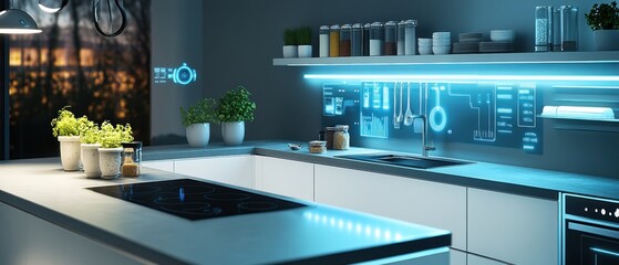 Modern Kitchen with Smart Technology and Blue Lighting
