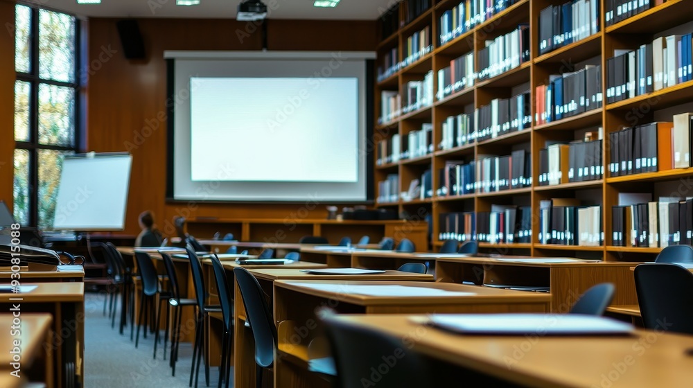 Poster empty lecture hall with projector and bookshelves