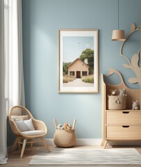 Mock up frame in children room with natural wooden furniture, 3D render