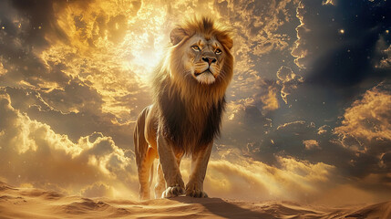 Solitary Lion Standing Tall in Desert Landscape, Showcasing Powerful Muscles, Majestic Wildlife, Arid Environment, Strong Predator, Desert Photography, Regal Animal