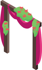 Wedding arch decorated with flowers and fabric standing in isometric view