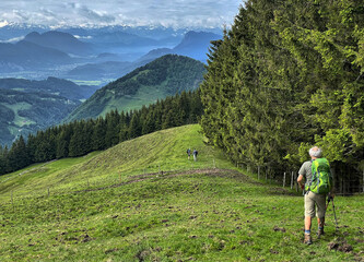 Naklejka premium Wanderer beim Abstieg vom Feichteck, Chiemgau, Alpen, Bayern, Deutschland