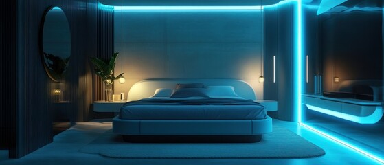 Modern Bedroom with Blue Neon Lights and Minimalist Design