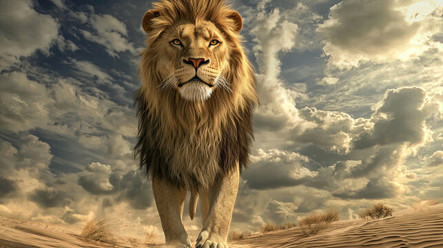 Solitary Lion Standing Tall in Desert Landscape, Showcasing Powerful Muscles, Majestic Wildlife, Arid Environment, Strong Predator, Desert Photography, Regal Animal
