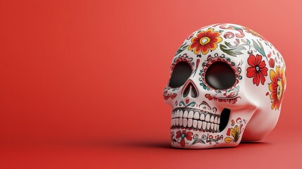 A white skull with flowers painted on it is on a red background