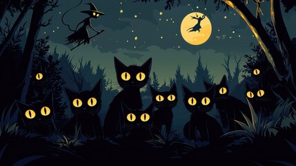 Fototapeta premium Halloween Night Forest with Black Cats and a Witch