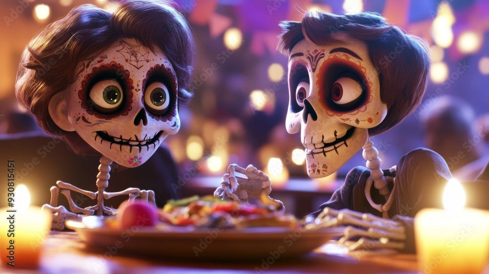 Poster two skeletons are sitting at a table with a plate of food in front of them