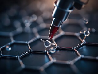 Visualize a nanotechnology lab with scientists using microscopes to manipulate individual atoms on a silicon chip