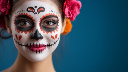 A woman with a painted face and a flower headband