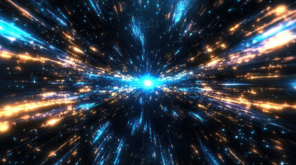 Fototapeta premium Tech Blue Tunnel on Black Background, Futuristic Laser Space, Blazing Neon Rays, Flying Through the Universe Corridor, High-Tech Visuals, Sci-Fi Design, Dynamic Light Effects
