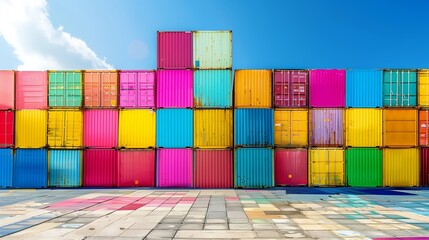 A vibrant display of stacked shipping containers in various colors against a clear blue sky.