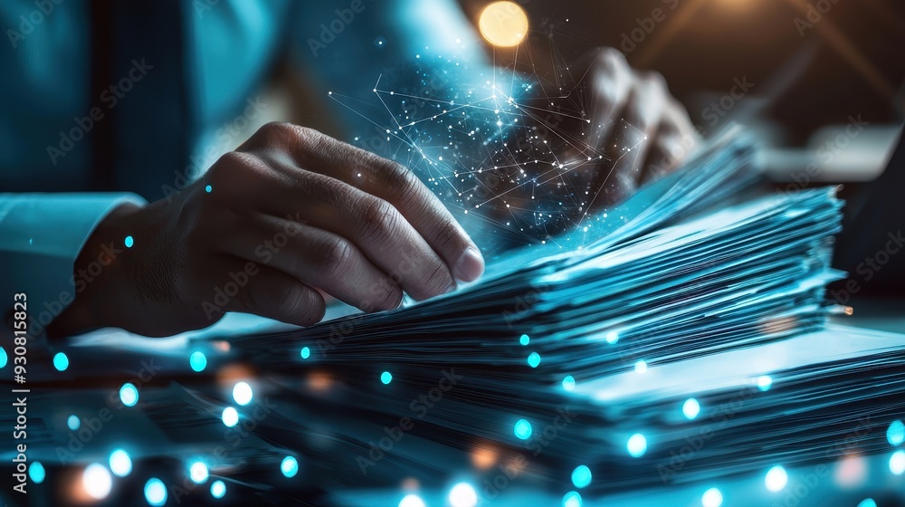Poster businessman hands sorting documents with abstract network digital transformation data analysis busin