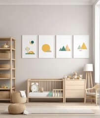 Mock up frame in children room with natural wooden furniture, 3D render