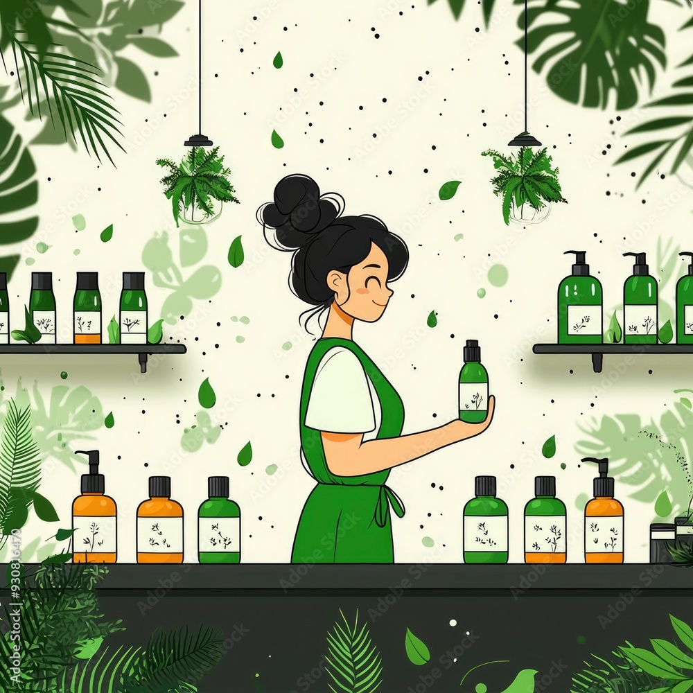 Wall mural woman holding a bottle of skincare product in a green store with plants