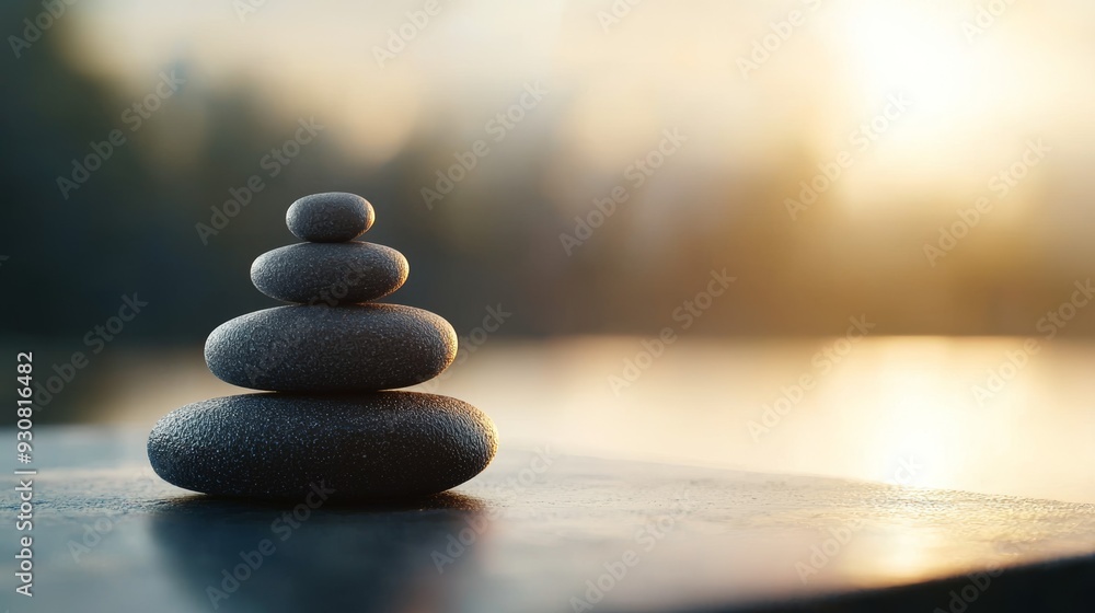 Poster a stack of rocks on a table with a view of the water
