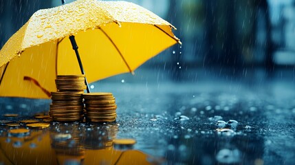 A yellow umbrella shelters stacks of coins from rain, symbolizing protection of wealth.