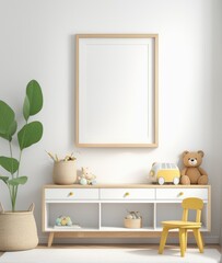 Mock up frame in children room with natural wooden furniture, 3D render