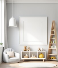 Mock up frame in children room with natural wooden furniture, 3D render