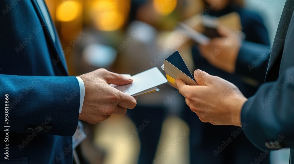 Poster two executives exchanging business cards during a networking session, with a handshake sealing the n