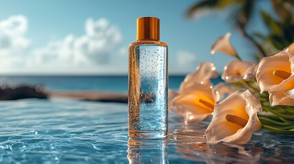 Obraz premium Elegant cosmetic bottle with a gold cap stands on a wet surface next to orange calla lilies with a tropical ocean background.