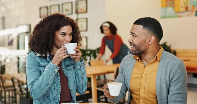 Coffee, conversation and couple in restaurant for first date bonding together with flirting connection. Happy, talking and young man and woman drink cappuccino at cafe in morning for romantic meeting