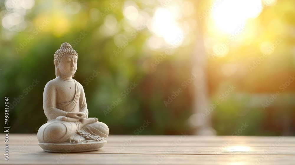 Wall mural a statue of a buddha sitting on a wooden table