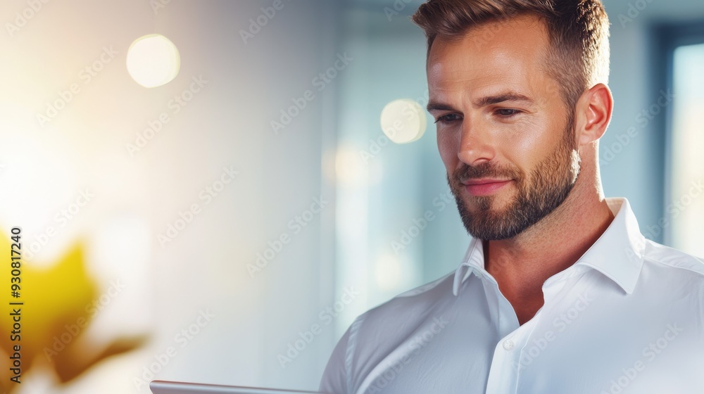 Poster a man with a beard is looking at a computer screen