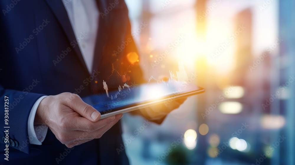 Poster a man in a suit holding a tablet with a graph on it