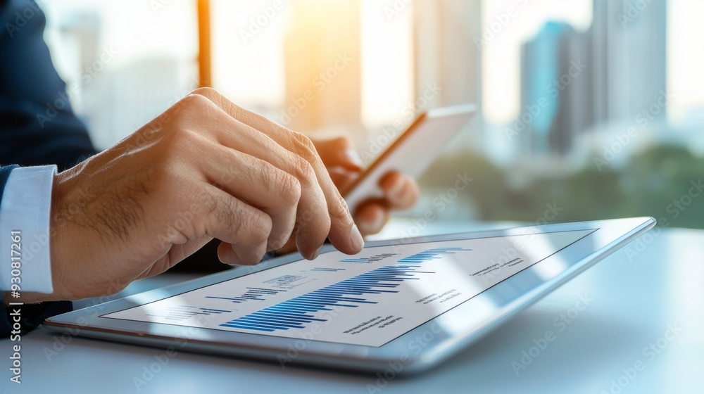 Poster a man is using a tablet to look at a graph