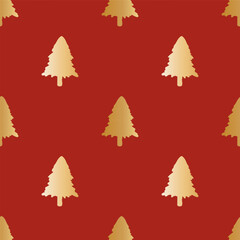 Seamless vector pattern with gold Christmas trees on rich red, festive design for wrapping paper