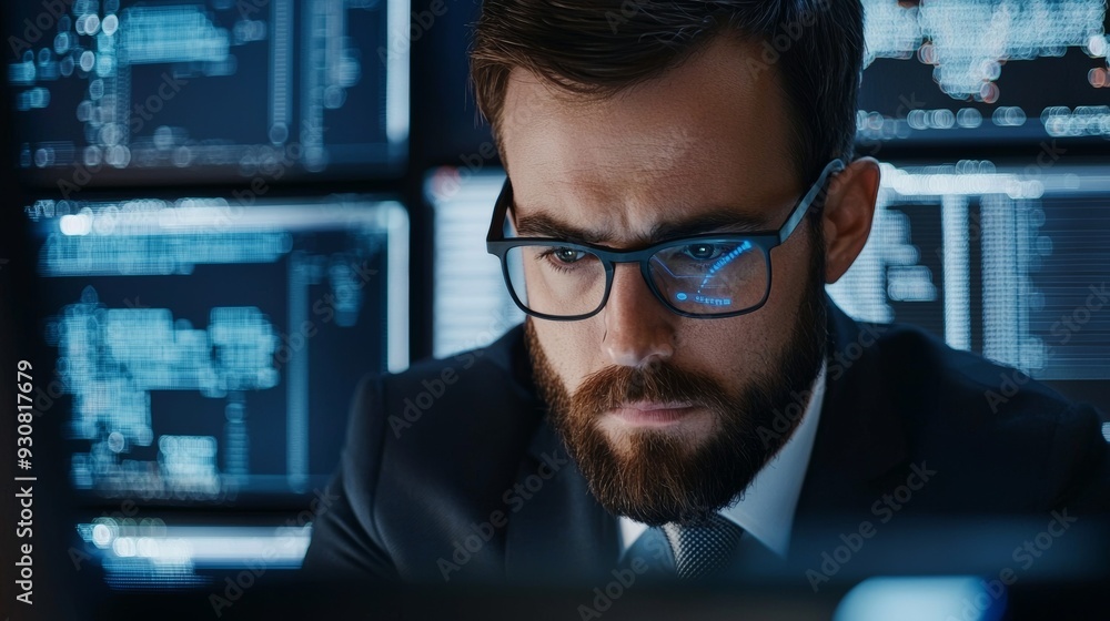 Poster a man wearing glasses is looking at a computer screen with a lot of numbers