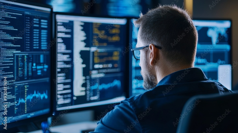 Poster a man is sitting in front of three computer monitors