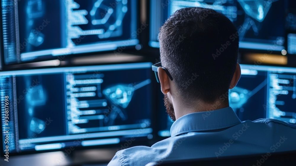 Poster a man is sitting in front of a computer monitor with four screens