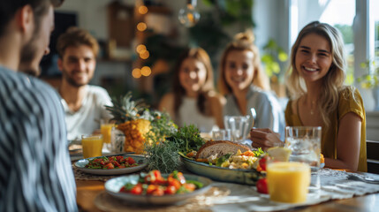 A group of friends enjoying a meal together at a warmly lit dining table, with plates of fresh food and glasses of juice, creating a cozy, social atmosphere.