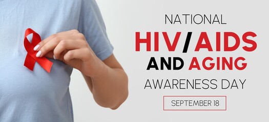 Banner for National HIV AIDS and Aging Awareness Day with young woman holding ribbon