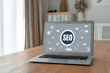 SEO search engine optimization for modish e-commerce and online retail business showing on computer...