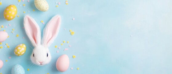 Obraz premium Easter Bunny with Decorated Eggs and Confetti on a Blue Background